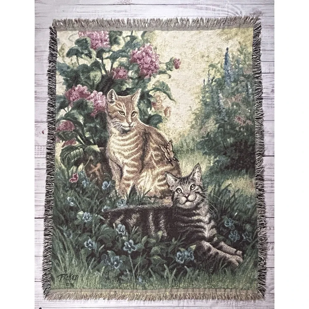 Vintage Linda Picken 1996 Cat Kitten Woven Tapestry Blanket Throw Fringe 68x51